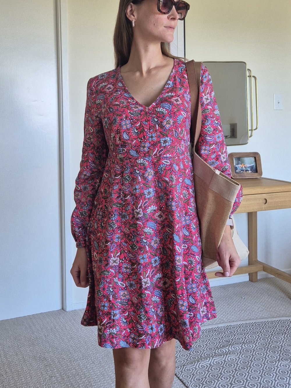 Boden 100% Linen Floral Paisly V-Neck Long Sleeve Swing Dress UK 10 / US 6